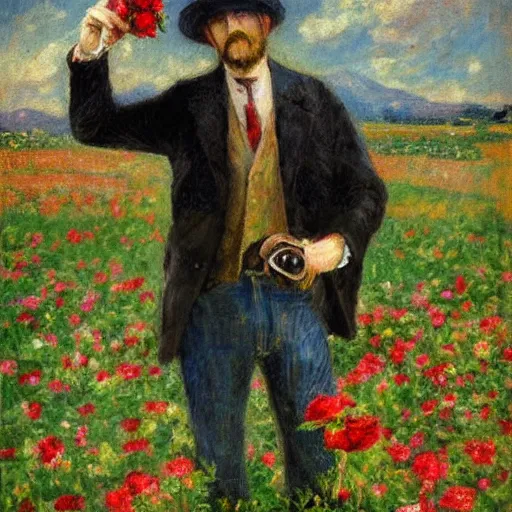 Image similar to an impressionist painting of a tall man with blue eyes that is wearing a wide brim hat and a leather vest. He is holding a revolver in his left hand and a rose is in his right hand. He is standing in a field of roses. He does not have facial hair.