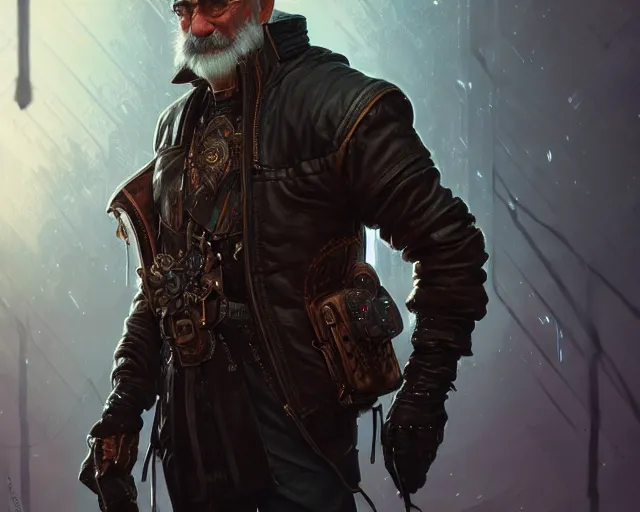 Image similar to old man with cyberpunk leather jacket, deep focus, d & d, fantasy, intricate, elegant, highly detailed, digital painting, artstation, concept art, matte, sharp focus, illustration, hearthstone, art by artgerm and greg rutkowski and alphonse mucha