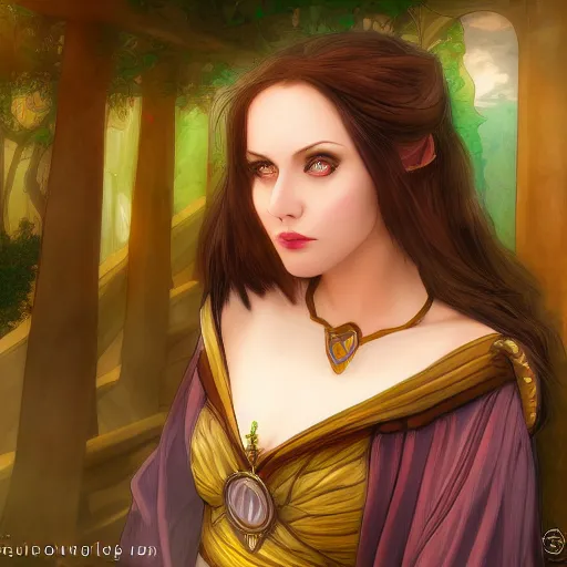 Image similar to beautiful female mage is impressed while looking at the camera , comedy , fantasy, D&D, HDR, natural lighting , award winning photograph, 8k, Mucha style,