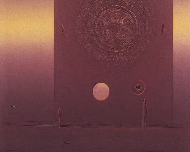 Image similar to very weird minimalistic machine, huge, occult, in the middle of desert, blotchy, hazy oil painting, tarot texture, by carrington and beksinski