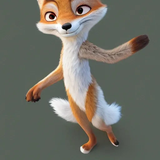 Prompt: upper half portrait of a anthropomorphic female fox with short white fur covering her body in the style of zootopia, far shot, top down view