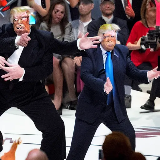 Image similar to Elon Musk fight Donald Trump, width angle, high detail photo.