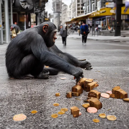 Image similar to a chimpanzee picking up pennies in a city street with a steam roller headed towards him, depth of field, fashion photoshoot by nicoletta ceccoli, mark ryden, lostfish, dan decarlo, bob clampett, max fleischer, breathtaking, detailed and intricate environment, 8 k resolution, hyperrealistic, octane render