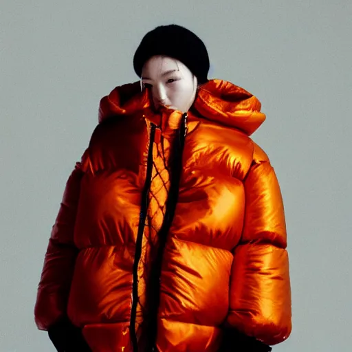 Image similar to realistic photoshooting for a new balenciaga lookbook, color film photography, portrait of a blonde asian woman, model wearing a puffer jacket, photo in style of tyler mitchell, 3 5 mm,