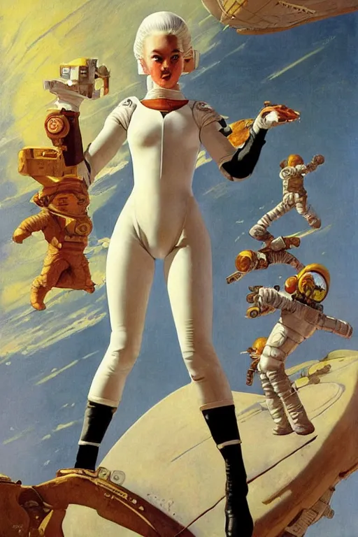 Image similar to pulp scifi fantasy illustration full body portrait android girl, gymnastique, white hair, in leather spacesuit on mars, by norman rockwell, roberto ferri, daniel gerhartz, edd cartier, jack kirby, howard v brown, ruan jia, tom lovell, frank r paul, jacob collins, dean cornwell, astounding stories, amazing, fantasy, other worlds