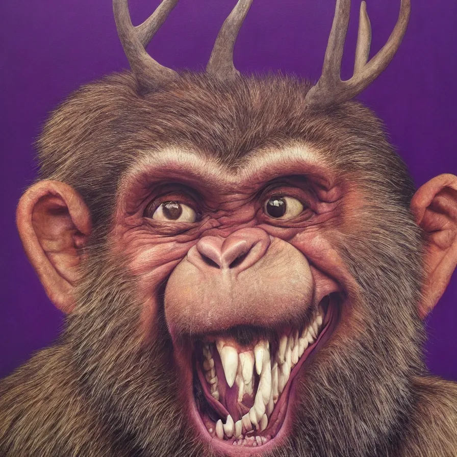 Image similar to hyper realistic portrait painting by chuck close, studio lighting, brightly lit purple room, an ape with antlers laughing, a giant rabbit clown crying