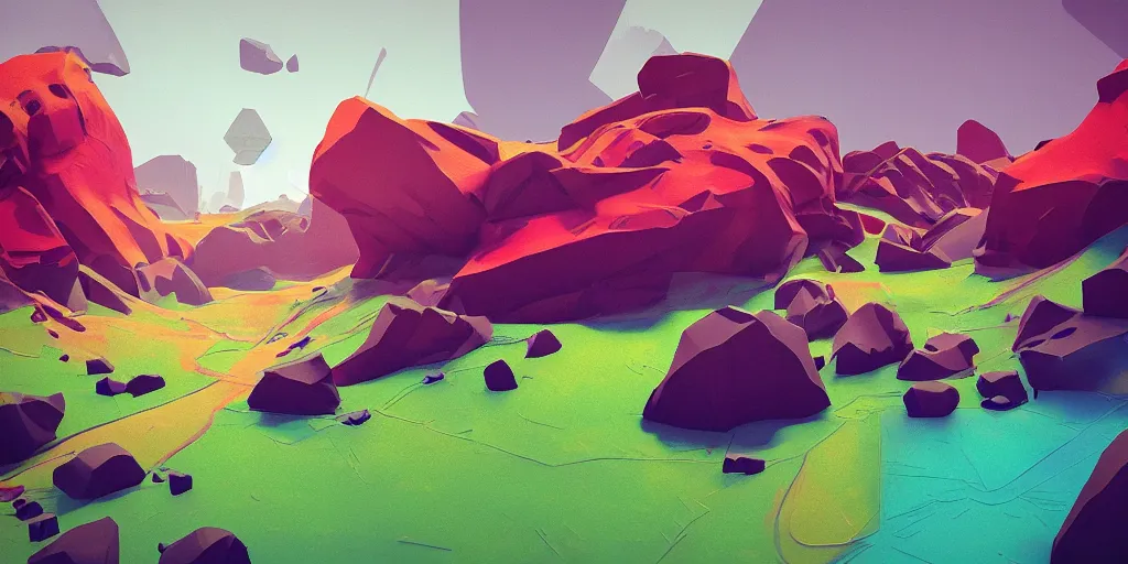 Prompt: abstract 3d landscape painting at noon by james jean and David Schnell painted in no mans sky style, redshift, octane