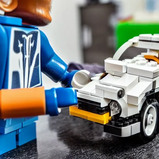 Prompt: photo of a lego man building a car out of human pieces