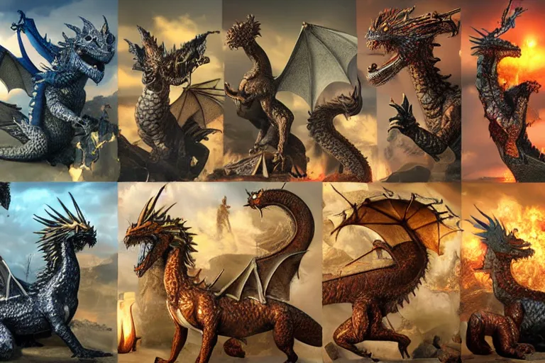 Image similar to highly detailed icons of many various fantasy dragons from fantasy games. Perfect lighting, ray tracing, realistic.