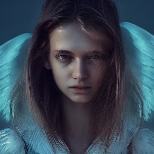 Image similar to portrait art of female angel by alessio albi 8 k ultra realistic, angel wings, lens flare, atmosphere, glow, detailed, intricate, full of colour, cinematic lighting, trending on artstation, 4 k, hyperrealistic, focused, extreme details, unreal engine 5, cinematic, masterpiece