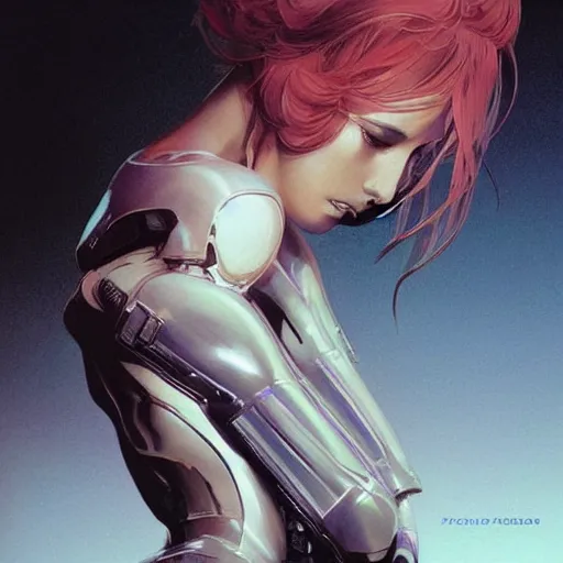 Image similar to beautiful female android by peter andrew jones and akihiko yoshida, rule of thirds, seductive look, beautiful