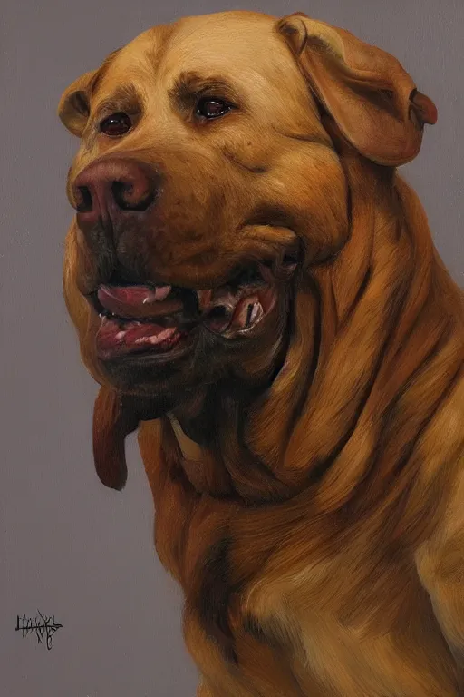 Image similar to full-length Slavic dog head man, oil painting, hyperrealism, beautiful, high resolution, trending on artstation,