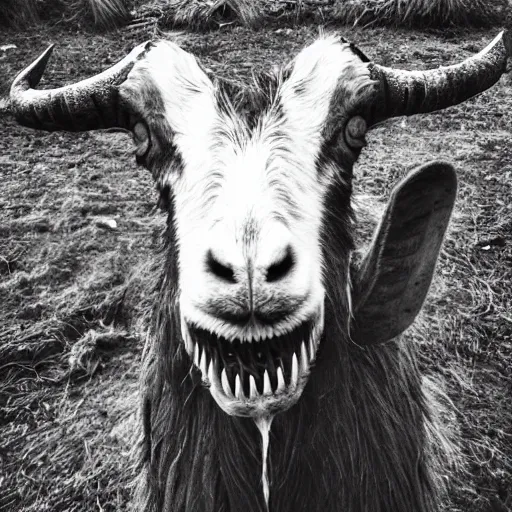 Image similar to horror, highly detailed photography, desaturated, mutated goat with huge mouth open to reveal filthy crocodile - like teeth, matted fur, in muddy medieval village, howling, screeching