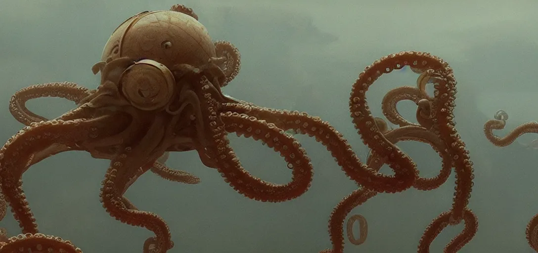 Image similar to a robotic octopus'tentacles wrapped around jupiter, foggy, cinematic shot, photo still from movie by denis villeneuve, wayne barlowe