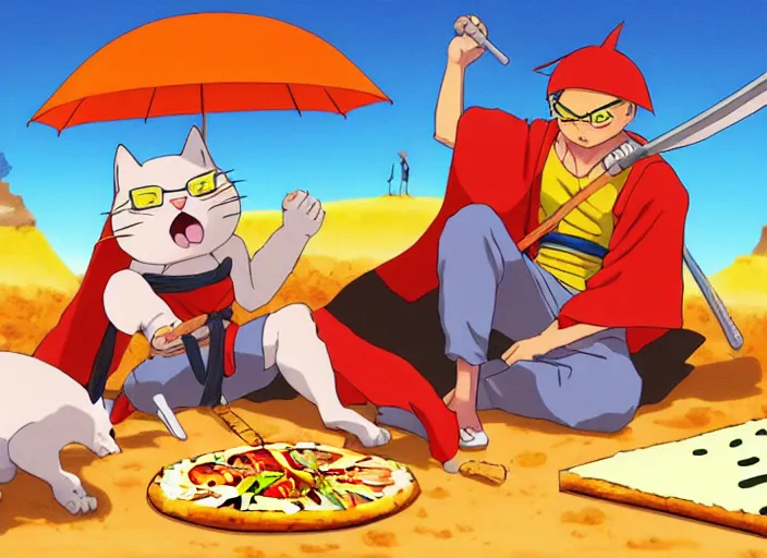 Prompt: cat samurai eating pizza together in the desert underneath an umbrella made of cheese, digital painting masterpiece, by ryan ottley and mœbius and hayao miyazaki and akira toriyama, 4 k wallpaper trending on pixiv