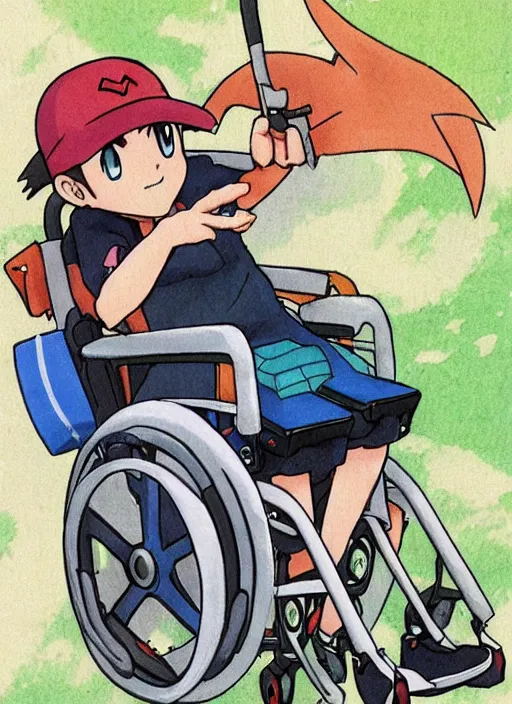 Prompt: a pokemon trainer traveling in a wheelchair, anime, art by ken sugimori