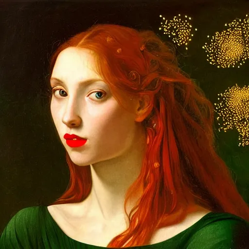 Image similar to portrait of a young woman, among the lights of golden fireflies and nature, long loose red hair, intricate details, deep green eyes, hint of freckles, round gentle face, cheeky smile with red lips, deep focus, smooth, sharp, golden ratio, hyper realistic art by artemisia lomi gentileschi and caravaggio