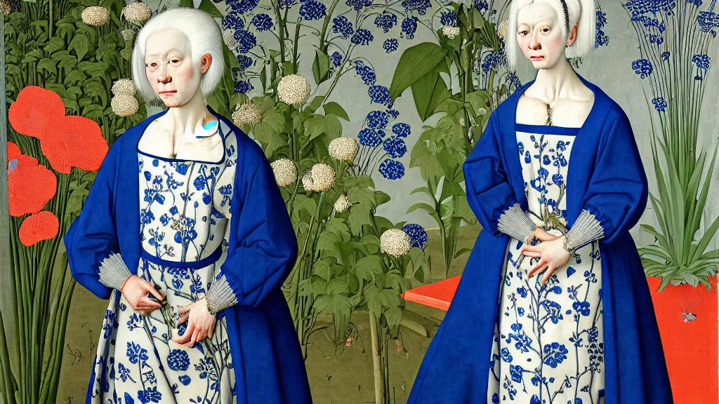 Prompt: portrait of a woman with white hair, wearing a plastic blue dress, standing in a room full of plants and flowers, white background, intricate details, high detail, in the style of rogier van der weyden and jacopo da pontormo, punk, asian art,