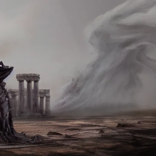 Prompt: Giant smoke monster with large teeth coming out of the ground, made of thick swirling smoke, mist, air particles, sandstorm, dramatic lighting, Byzantine ruins, surrounded by priests, worshipers, desert, cinematic, trending on artstation