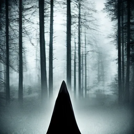 Image similar to a high detailed photo of a lady in a dark cloak suspended in mid air, seen from behind, ancient forest, mist, 35mm, photorealistic, realistic, deviantart, gloomy atmosphere, high definition