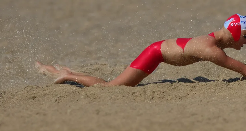 Image similar to olympic swimming in sand instead of water, extremely coherent, motion blur