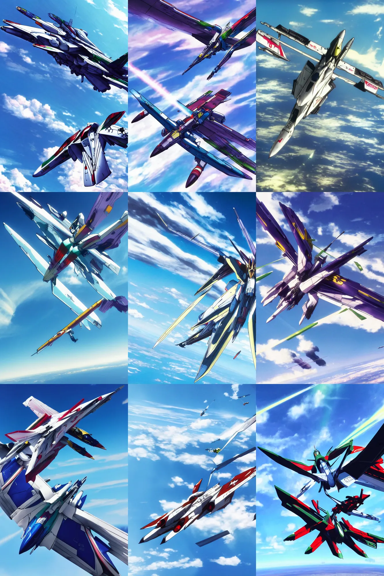 Prompt: An awe inspiring flight shot of a VF25 Messiah from Macross Frontier soaring through the air on a sunny day with a clear blue sky, anime, Macross, Macross Frontier, Valkyrie Jet
