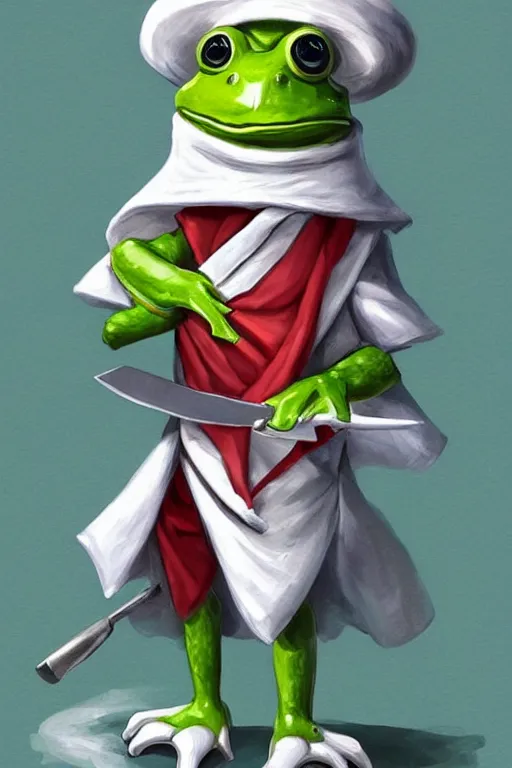 Image similar to cute anthropomorphic frog wearing a white butcher coat with a white butcher hat and holding a cleaver, cutting a wipe red watermelon, tiny, small, miniature frog, baby animal, short, pale blue armor, cute and adorable, pretty, beautiful, DnD character art portrait, matte fantasy painting, cgsociety Artstation, by Jason Felix by Steve Argyle by Tyler Jacobson by Peter Mohrbacher, cinematic lighting