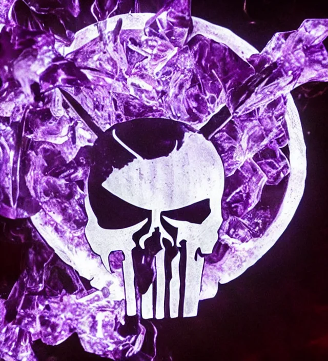 Image similar to punisher symbol is luminous deep purple crystal growing in a cave with smoke and light rays.