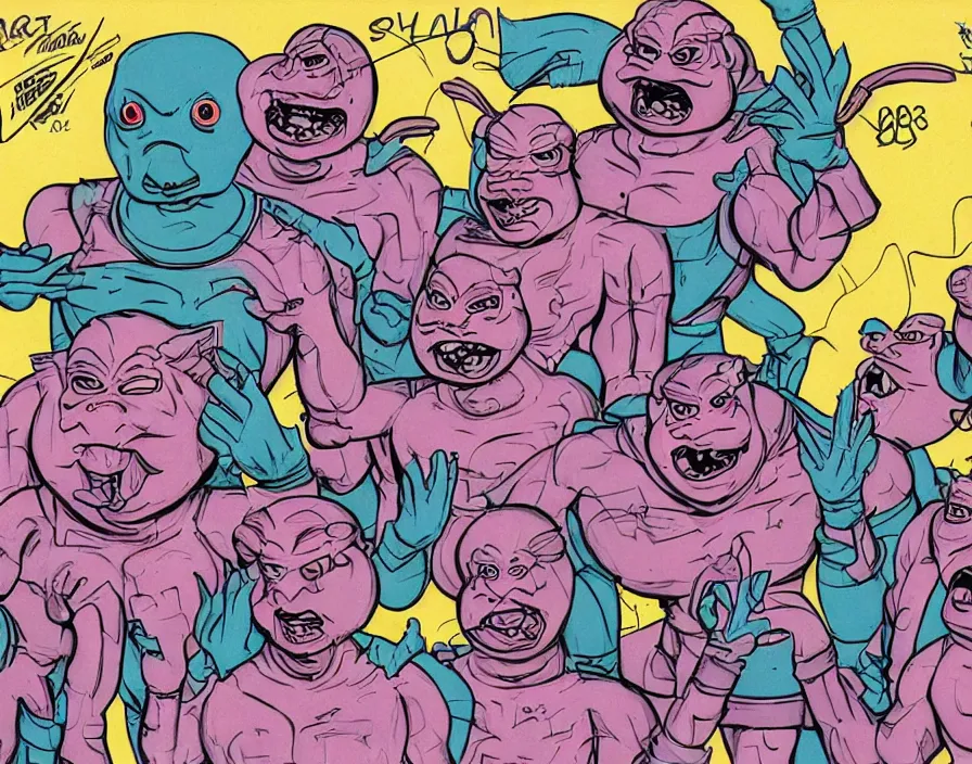 Prompt: krang 1980s pop band, surrealism aesthetic, detailed facial expressions