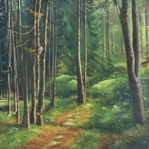 Prompt: an oil painting titled in the woods of Kroandal, inspired by the music of Andreas Vollenweider, highly realistic and detailed, intricate