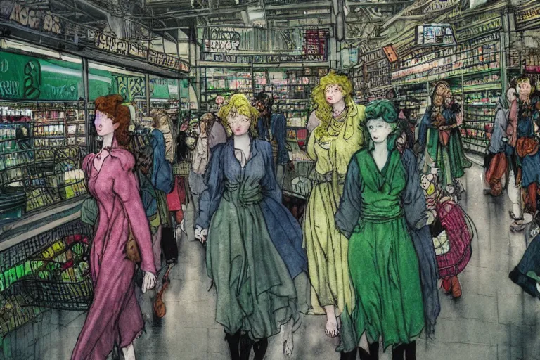 Prompt: group of green haired women walking through a super market aisle, in the style of Greg Broadmore and Arthur Rackham and Moebius, trending on artstation, light lighting side view,digital art,surrealism ,macro,blueprint ,vaporwave ,