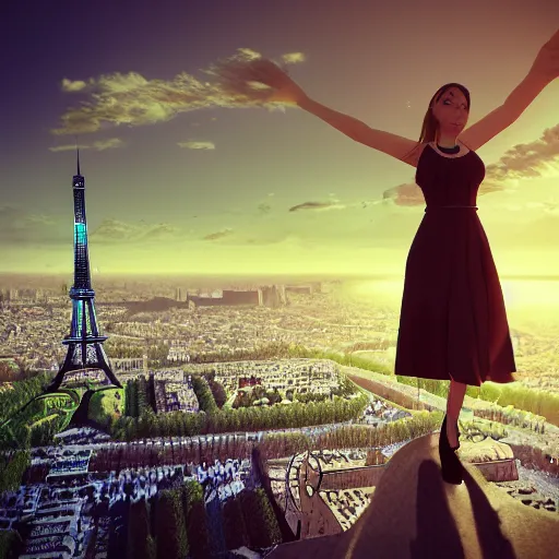 Image similar to A young beautiful giantess wearing a sundress standing near the Eifel tower, beautiful lighting,digital art , highly detailed , high contrast, beautiful lighting, award winning , trending on art station, 8k, photorealistic,unreal engine 5