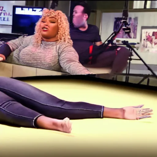 Image similar to local news broadcast of lizzo lying on the floor during a live broadcast