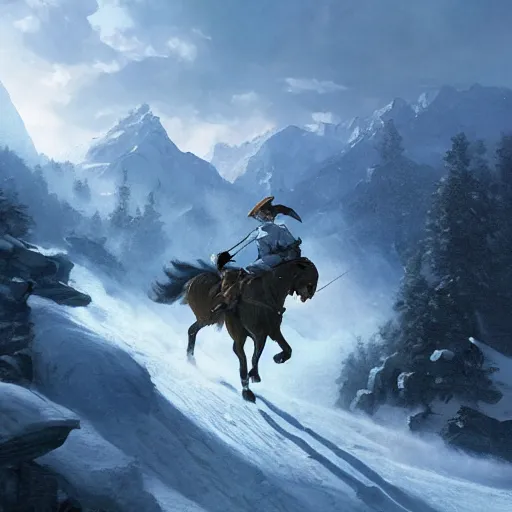 Prompt: Napoleon Crossing the Alps, riding a wolf, atmospheric lighting, by Makoto Shinkai and Ruan Jia