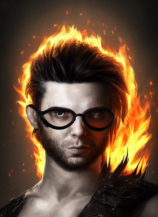 Image similar to An epic fantasy comic book style portrait painting of young man with red spiked long hair, using googles. Wearing a black waistcoat, white shirt. Fire on his hands. Unreal 5, DAZ, hyperrealistic, octane render, cosplay, RPG portrait, dynamic lighting