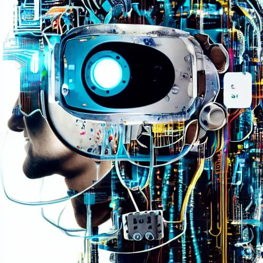 Image similar to Beautiful Photo of Arduino Uno in the robot's head. beard man. Cyberpunk. splatterpunk. 4K