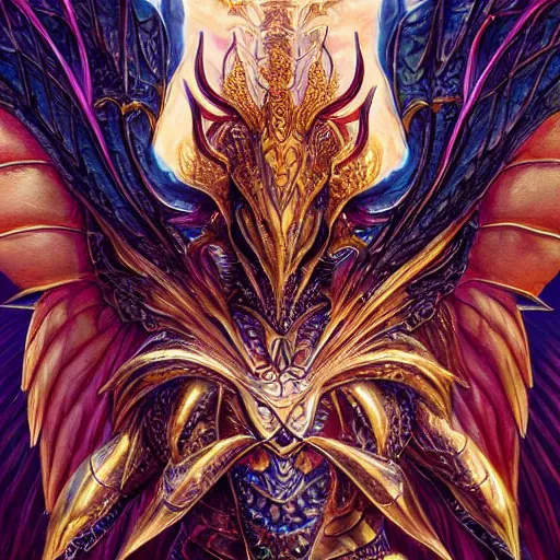 Image similar to a beautiful symmetrical muscular full body wearing a dragon armor with wings made of golden ornaments and gems, by alex gray and android jones , Karol Bak, Ayami Kojima, Amano , concept art, character design, fantasy,3D, 8k resolution