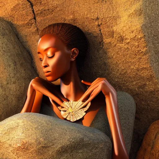 Prompt: a beautiful african woman meditating on a rock, beautiful face, pretty face, trending on artstation, digital art,