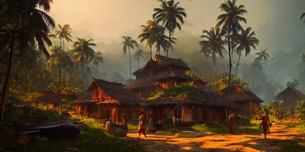 Image similar to establishing shot of a kerala village, an epic fantasy, dramatic lighting, cinematic, extremely high detail, photorealistic, cinematic lighting, matte painting, artstation, by simon stalenhag, Uncharted 4: A Thief's End