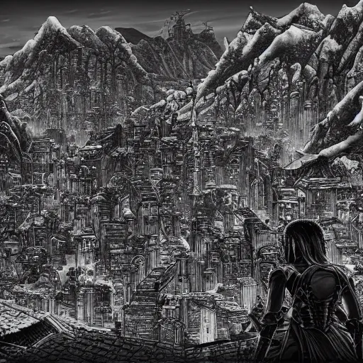 Image similar to Cyberpunk futuristic mountain village by Kentaro Miura, highly detailed, black and white