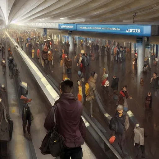Image similar to commuters in the rush hour at the platform of an underground santiago metro station in direction to nowhere, by raoul ruiz, esao andrews and greg rutkowski