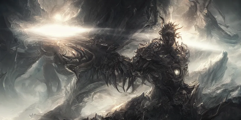 Image similar to ruler of chaos tearing down the barrier of light, concept art, digital illustration, trending on artstation, deviantart, artgerm, epic composition, masterpiece, highly detailed, advanced technique, ambient lighting, wlop, ross draws