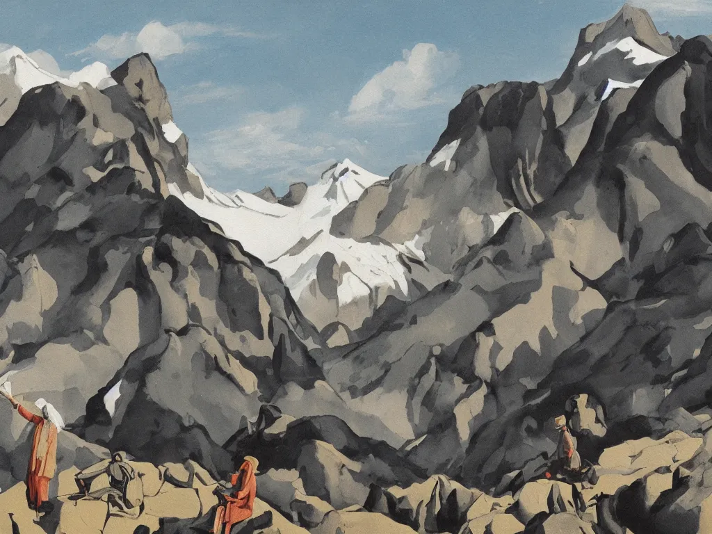 Image similar to scene with figure in the mountains. painting by neo rauch