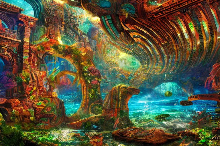 Image similar to lost city of atlantis, hyper realism, colorful, 8 k, realistic, psychedelic