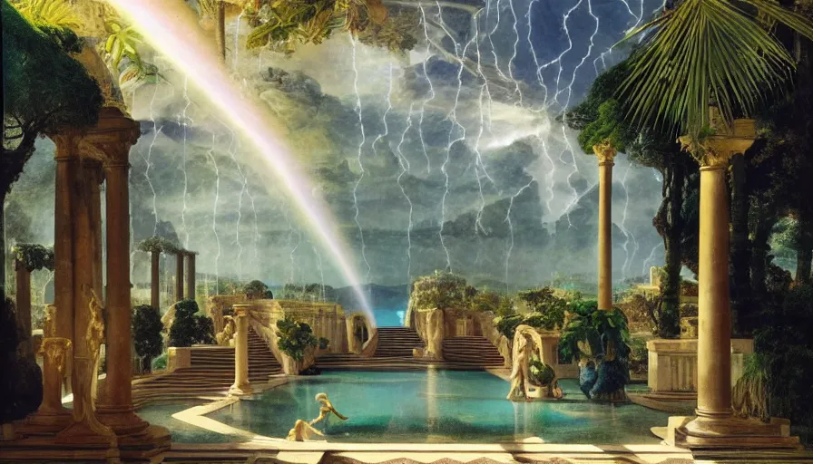 Image similar to Inside the giant Palace, mediterranean balustrade and columns line, refracted sparkles, thunderstorm, greek pool, beach and Tropical vegetation on the background major arcana sky and occult symbols, by paul delaroche, hyperrealistic 4k uhd, award-winning, very detailed paradise