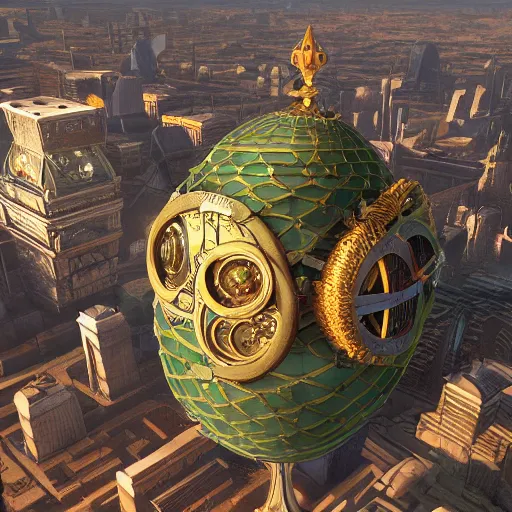 Image similar to enormous flying city!! in a gigantic faberge egg, sky!!!, steampunk, aetherpunk, skydocks, fantasy art, unreal engine,