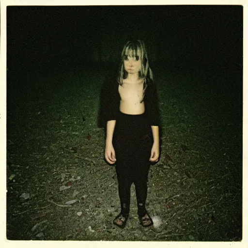 Image similar to Photograph of the creepy girl from Ringu, dark, no lights, moist, taken using a film camera with 35mm expired film, bright camera flash enabled, award winning photograph, creepy, liminal space