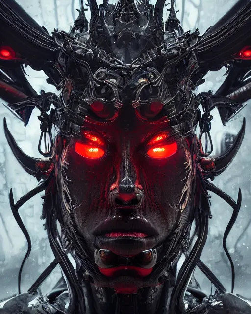 Prompt: a dark sci fi close up portrait of biomechanical evil lord with a massive intricate headdress, cinematic lighting, smooth, high detail, dark fantasy, unreal engine, octane render, by vitaly bulgarov artstation, bold color scheme, sense of action, fog volumes, vivid color glow, post processing, cgsociety, trending on artstation