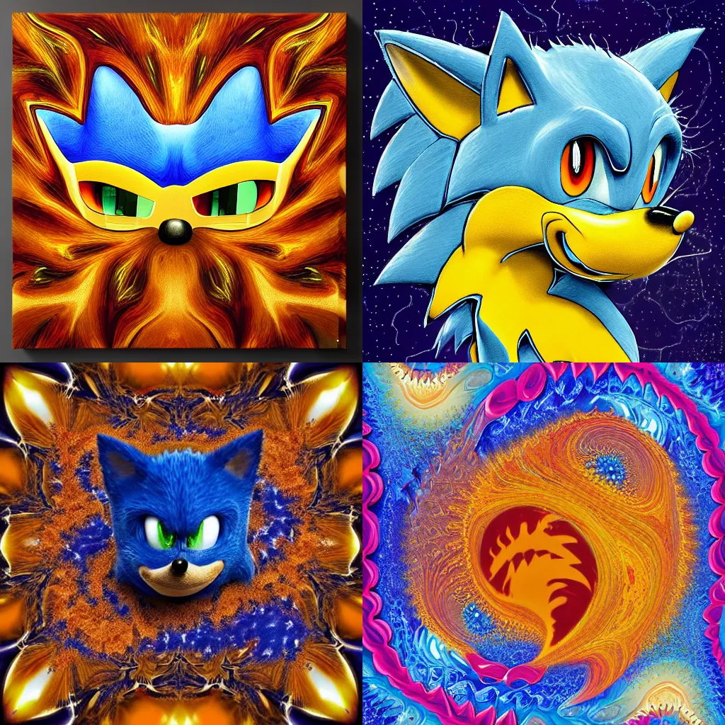 Prompt: sonic hedgehog portrait in the shape of a surreal hopalong fractal, detailed professional, high quality portrait sonic airbrush art MGMT album cover portrait of a liquid dissolving amber moon pashamin on canvas. cold cat van abstraction 13 shapes water graphics, matt from yellow automotive paint and flux for a unique abstract design for your lawn spending time hanging around the desert trail on a sales of not found these comics in print I dunno any of the manual system