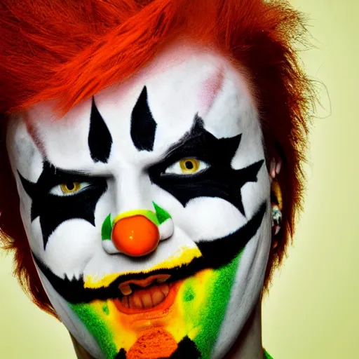 Prompt: insane rockstar clown with crazy orange hair, bloodshot eyes, green pants and weird yellow striped shirt. 8 k resolution, photograph, trending on art station.